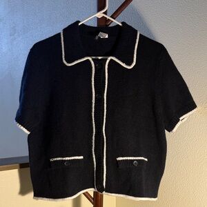 Black Short Sleeve Cardigan with White Trim